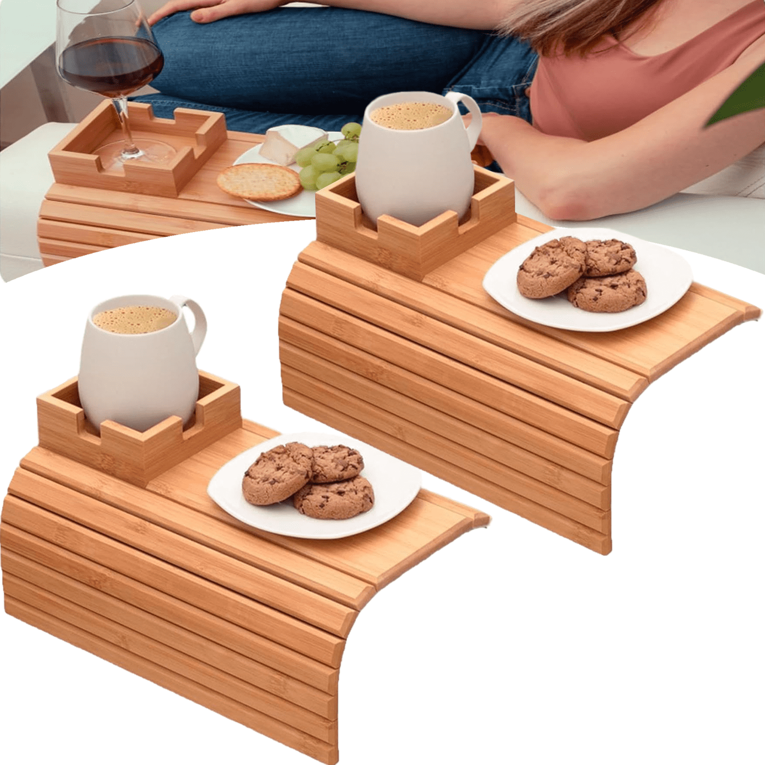Couch Hacks, Foldable Bamboo Tray With Cup Holder, Couch Arm Table Tray, Bamboo Cup Holder For