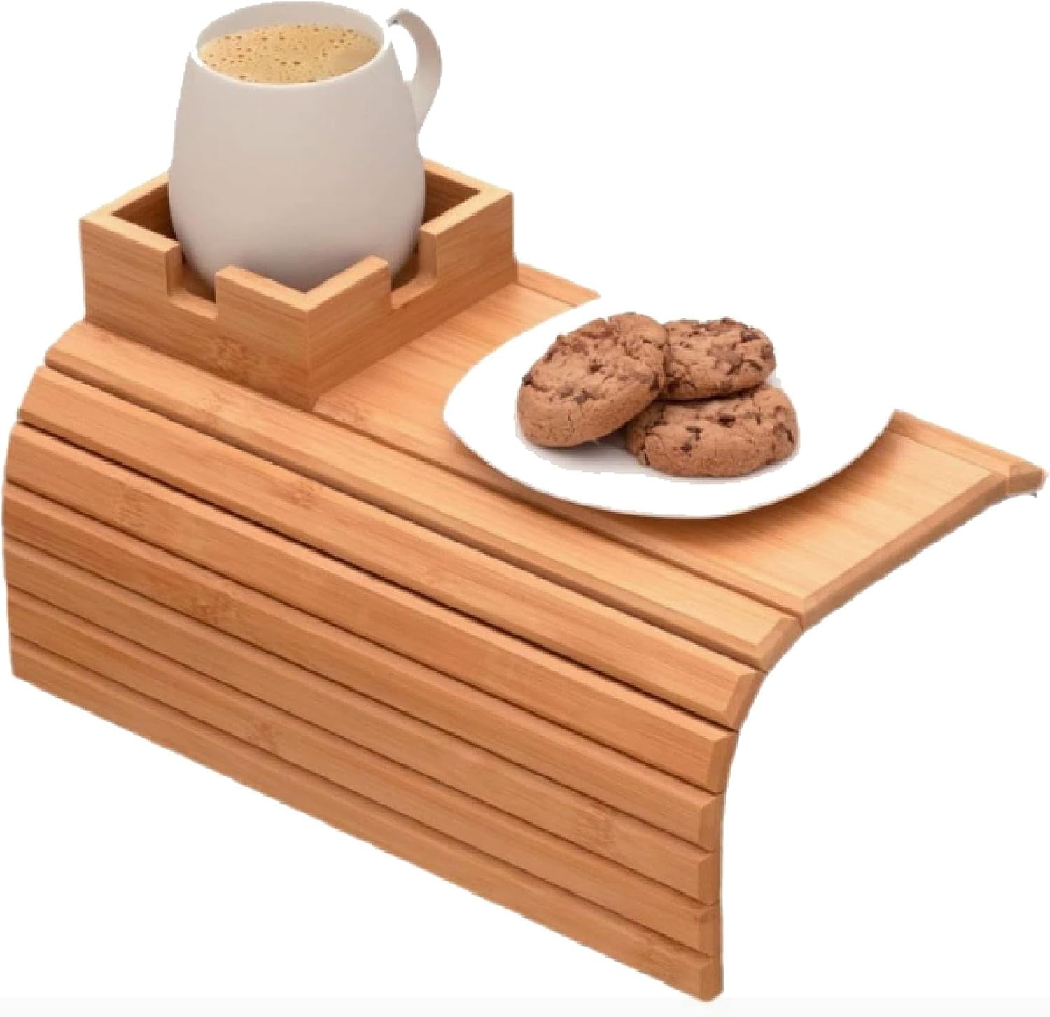 Couch Hacks, Foldable Bamboo Tray With Cup Holder, Couch Arm Table Tray, Bamboo Cup Holder For