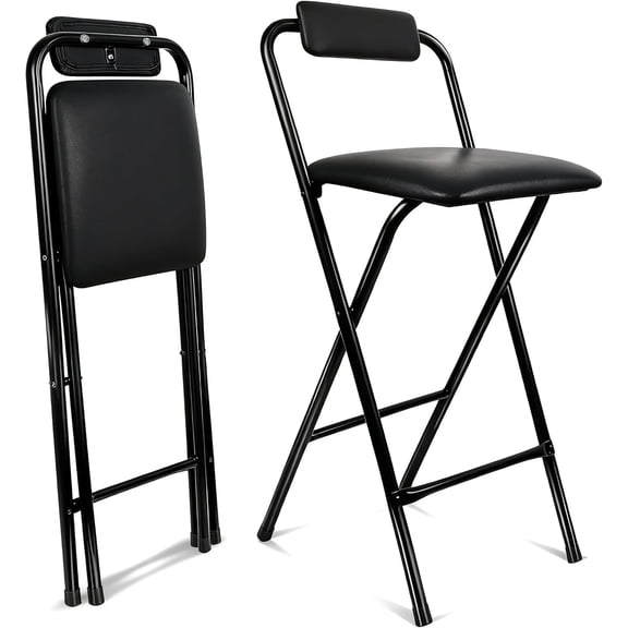 Foldable Bar Stool with Backrest, Leather-Padded, Counter-Height (29.5 Inch), Black, Metal Frame, No Assembly Required