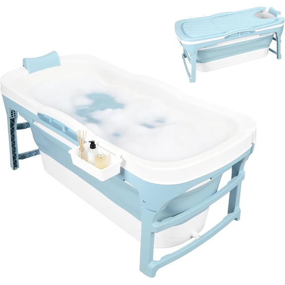 Foldable Bathtub for Adult, 235L Portable Bathtub Adult FreeStanding Collapsible Ice Bathtub, Portable Bath Tub for Shower Stall, Bathroom Hot Soaking Standing Tub Blue 130cm