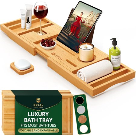 Royal Craft Wood Foldable Bathtub Caddy Tray, Bamboo Bathroom Caddy Natural, Expandable Bathtub Tray - Bath Tub Table Caddy with Tablet & Wine Glass Holder - SPA Bath Shelf