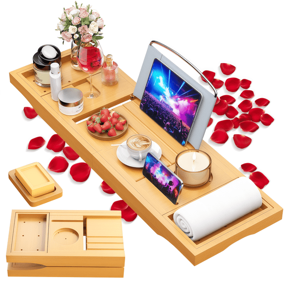 Foldable Bathtub Caddy Tray, Bamboo Bath Tub Tray Table for Tub with Wine Glass Holder Book Phone Tablet Holder with Extending Sides, Adjustable Bathroom Bathtub Free Soap Holder Gift Idea (Beige)