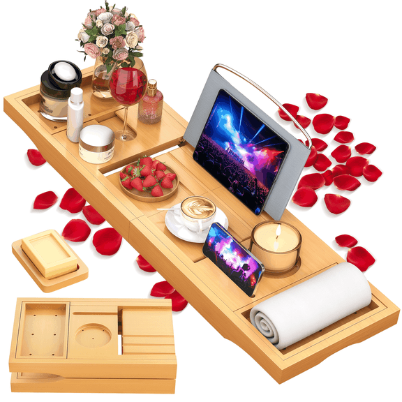 Foldable Bathtub Caddy Tray, Bamboo Bath Tub Tray Table for Tub with Wine Glass Holder Book Phone Tablet Holder with Extending Sides, Adjustable Bathroom Bathtub Free Soap Holder Gift Idea (Beige)