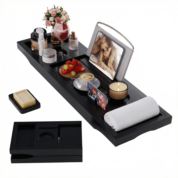 Foldable Bathtub Caddy Tray, Bamboo Bath Tub Tray Table for Tub with Wine Glass Holder Book Phone Tablet Holder with Extending Sides, Adjustable Bathroom Bathtub Free Soap Holder Gift Idea (Black)