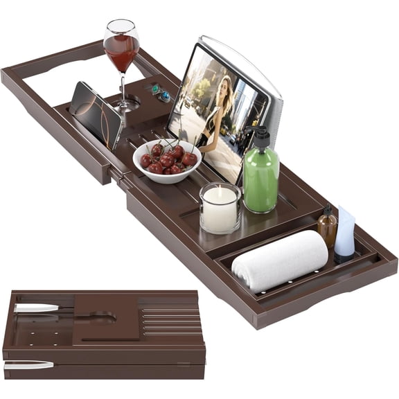 Foldable Bathtub Caddy Tray for Tub,Bamboo Expandable Bath Table Trays,Premium Bathroom Accessories for New Home & Mothers Day & Birthday Gifts for Couples