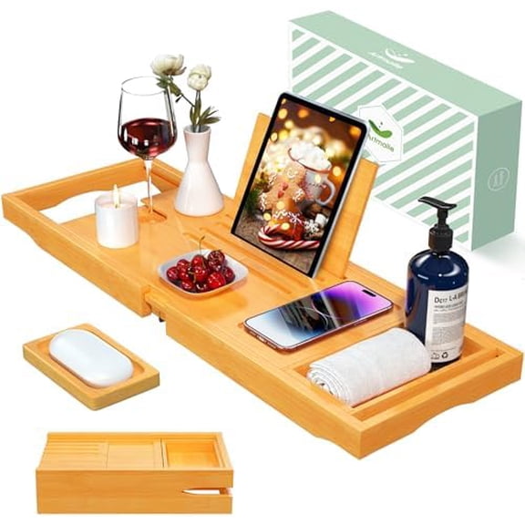 Are Foldable Bathtub Tray for Tub, Bamboo Bathtub Caddy Tray Table with Book Stand for Luxury Bath, Bathroom Accessories for Women Men with Free Soap Dish (Semi-Simple, Natural) (Natural)