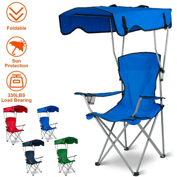 Foldable Beach Canopy Chair Sun Protection Camping Lawn Canopy Chair 330LBS Load Folding Seat w/ Cup Holder For Beach Poolside Travel Picnic
