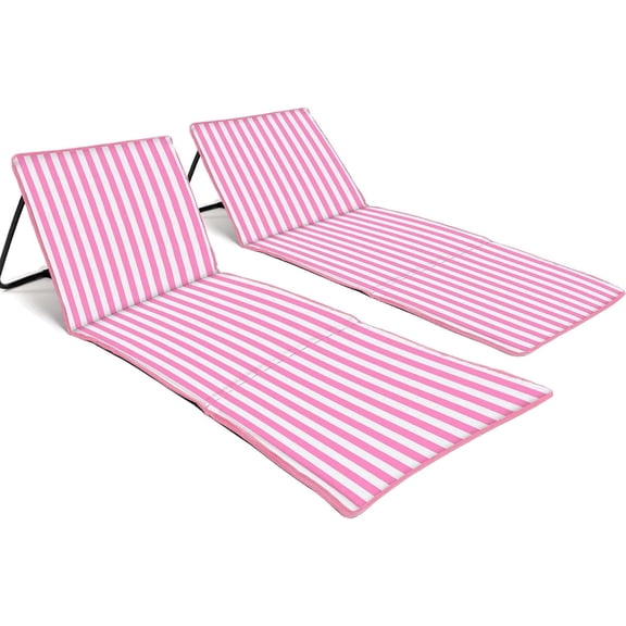 Foldable Beach Chair Mat with Backrest 2-Pack Lightweight Reclining Padded Lounge Seat with Carry Strap and Pocket Pink Stripes