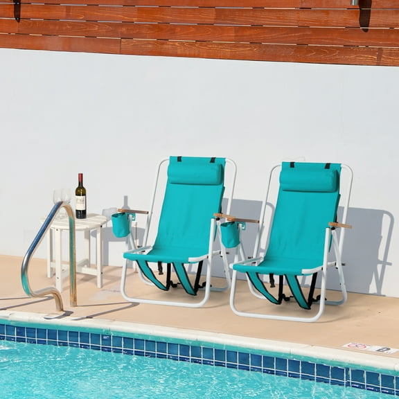 Foldable Beach Chairs, Portable Camping Chairs with Straps, Backpack Beach Chairs for Adults with Headrest, Cup Holder & Wooden Armrests, Position Adjustable (Green-Set of 2)