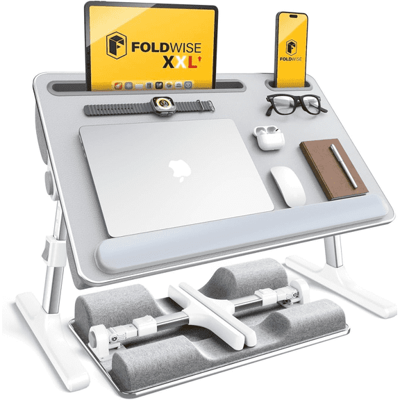 Foldable Bed Desk Lap Desk for Laptop and Tablet, 2-in-1 Adjustable Height & Angle with Soft Cushion Wrist Rest, Non-Slip Leather Computer Stand Tray for Sofa, Bed, Working, Eating, Reading