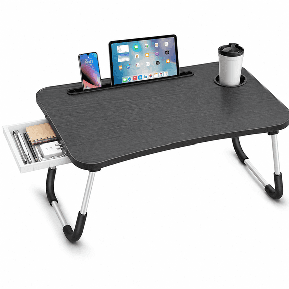 Foldable Bed Desk with Drawer, Black Laptop Table for Bed, Portable Lap Desk No Assembly, Study & Work Tray for Sofa Couch
