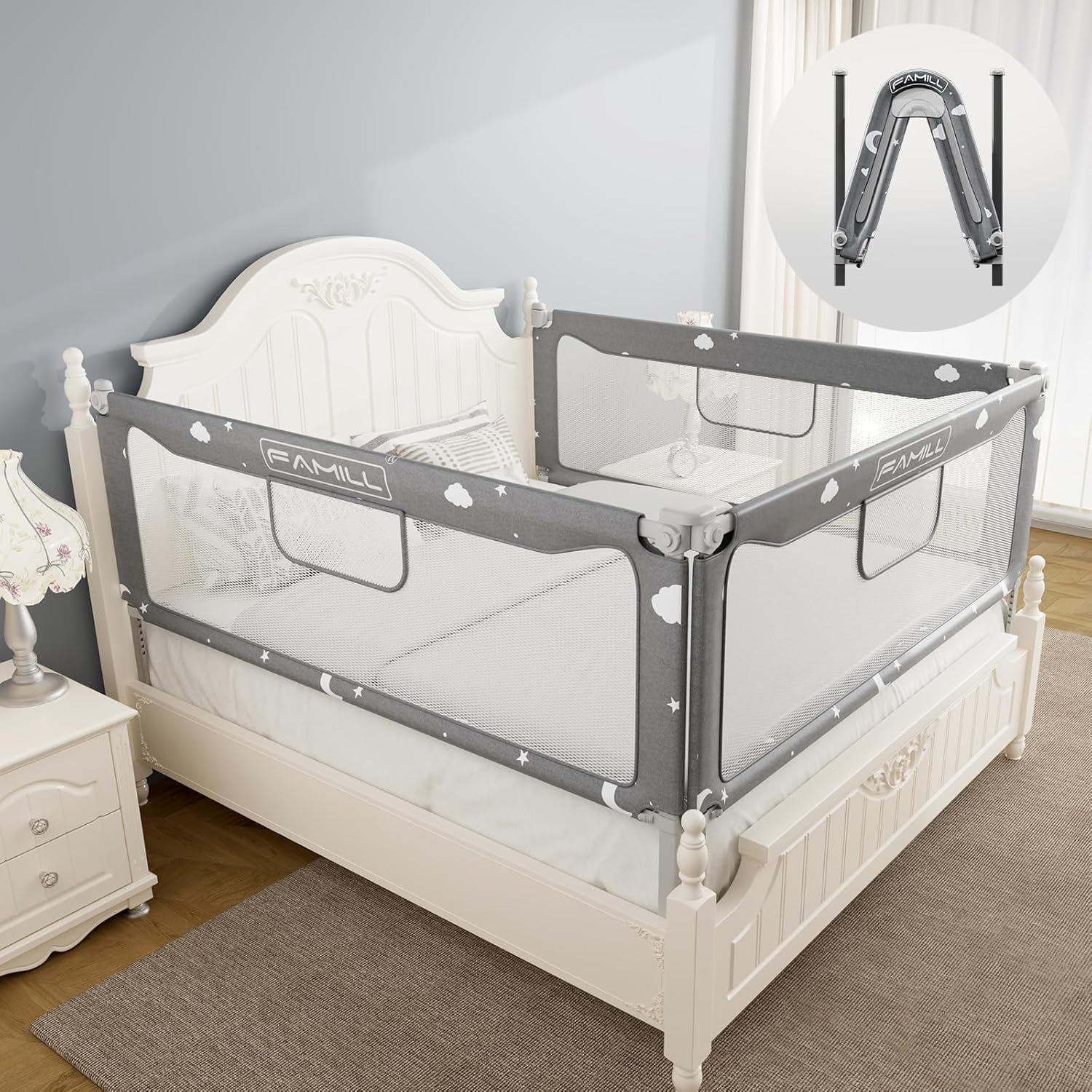 Side Base Rail Foldable Bed Guard Rail for Toddlers with 2 Minutes Assembly, Toddler ...