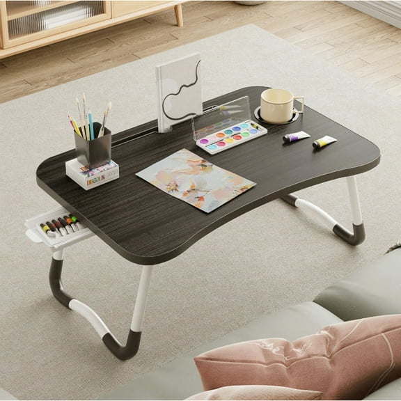 Foldable Bed Table for Laptop,Laptop Desk Table Stand for Bed,Laptops Bed Tray Tables with Storage Drawer-Cup Holder, Portable Lap Desk Stand for Writing Reading Eating Sofa Couch,Black