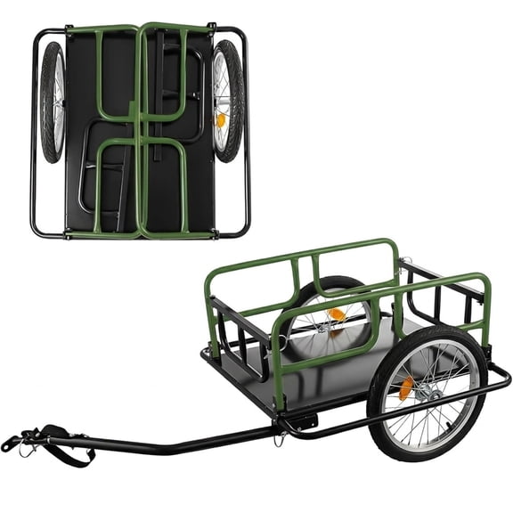 Foldable Bike Cargo Trailer, Heavy Duty Bicycle Utility Cart with 15.4" Inflatable Off-Road Wheels & Carbon Steel Frame, 198 lbs Capacity, Green