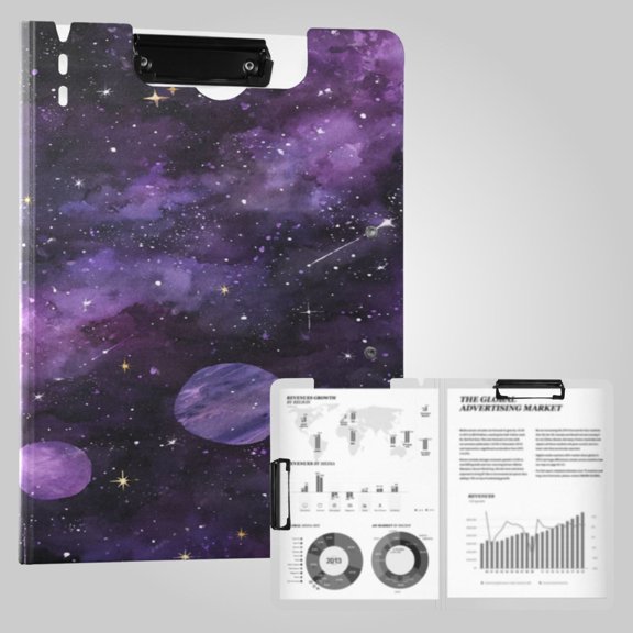 Foldable Binder Clipboards 360Portable Plastic Folder Clipboard Extra Large Capacity Organizer Binder 18.9" x 12.6" for College Office Home Purple Galaxy Cosmic Whispers