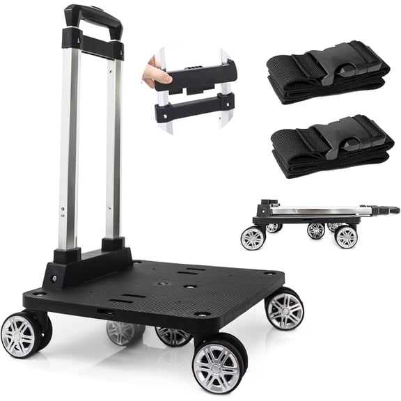 Foldable Black Aluminum Backpack Cart with 5 Swivel Wheels, Large Base, Ideal for Large Backpacks, Pet Carriers, Laptop Bags
