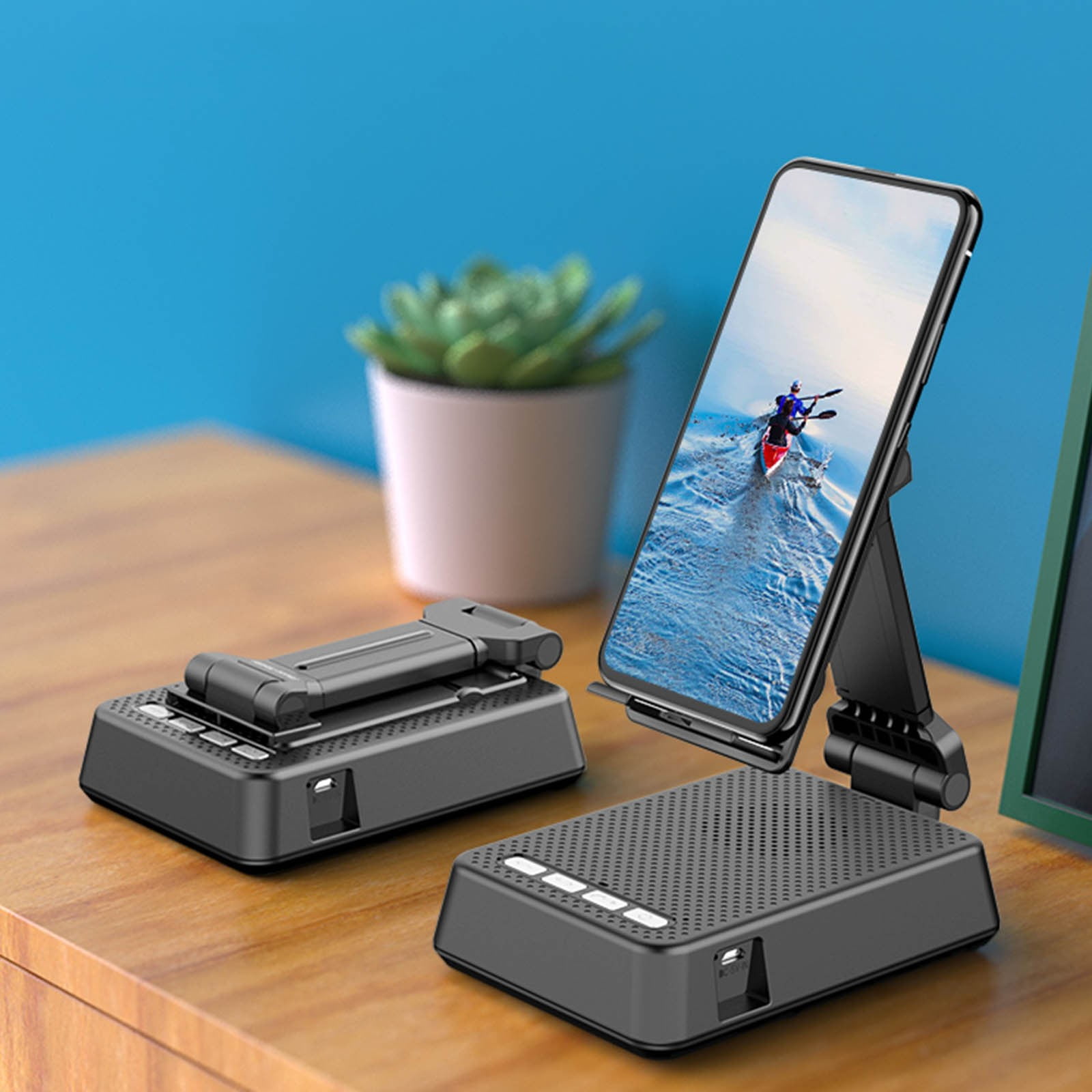 Foldable Black Cellphone Stand with Bluetooth Speaker, Great Desktop Accessories for Office and Home, Play time up to 8 Hours, Practical Gifts for Men, Women, Dad, Mom