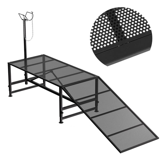Foldable Black Goat Stand with Ramp, 500LBS 21-33" Adjustable Height Metal Sheep Shearing Stand, Perfect for Trimming Grooming Fitting
