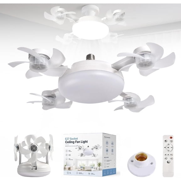 Foldable Blade Ceiling Fan, 3 Speed Quiet Ceiling Fan with 3 Colors Stepless Dimmable LED Light, Foldable Blades Ceiling Fan for Bedroom Kitchen Garage (4 Heads)
