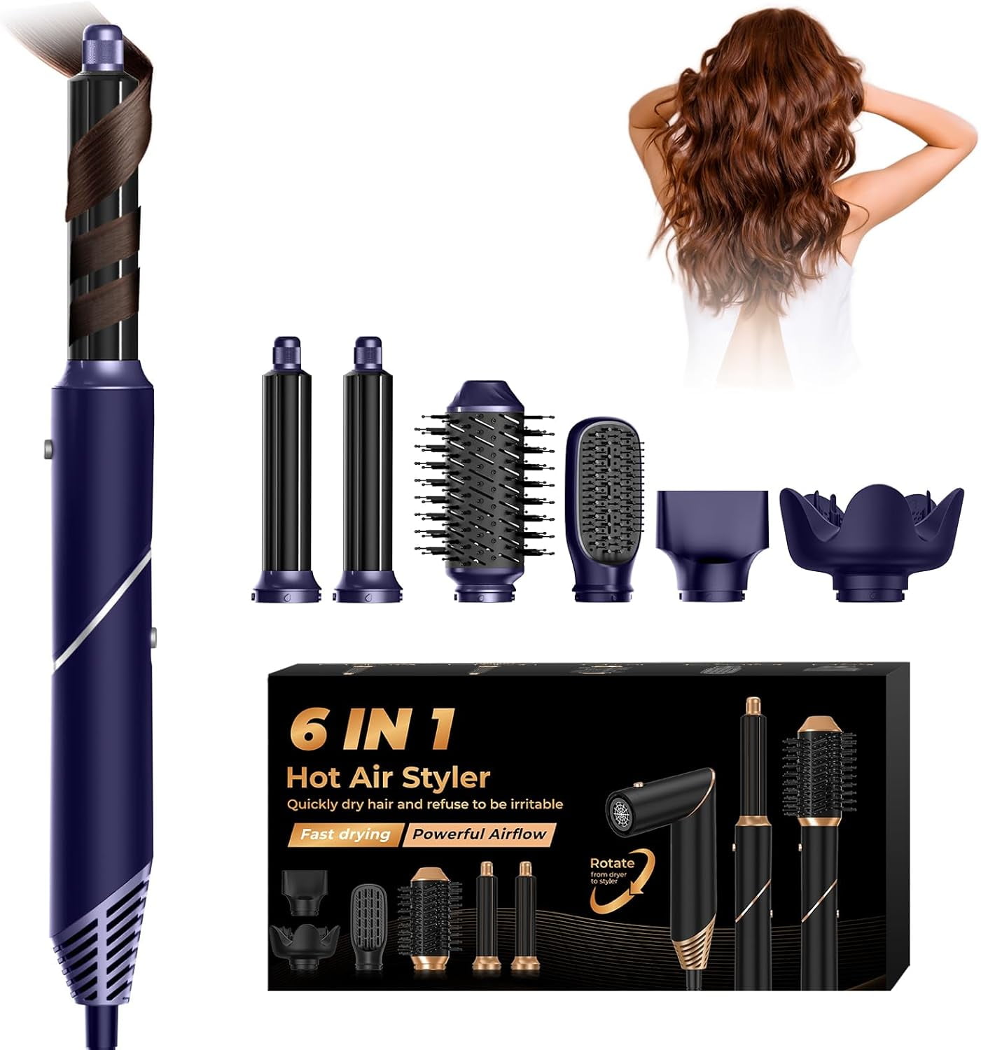 Foldable Blow Dryer Brush with Wrap Curler, 6 in 1 Hair Dryer Brush, Detachable Air Hair Styler Curling, Drying,Volumizing, Straightening, Negative Ionic Hair Dryer with Diffuser, Hair Styling Tools