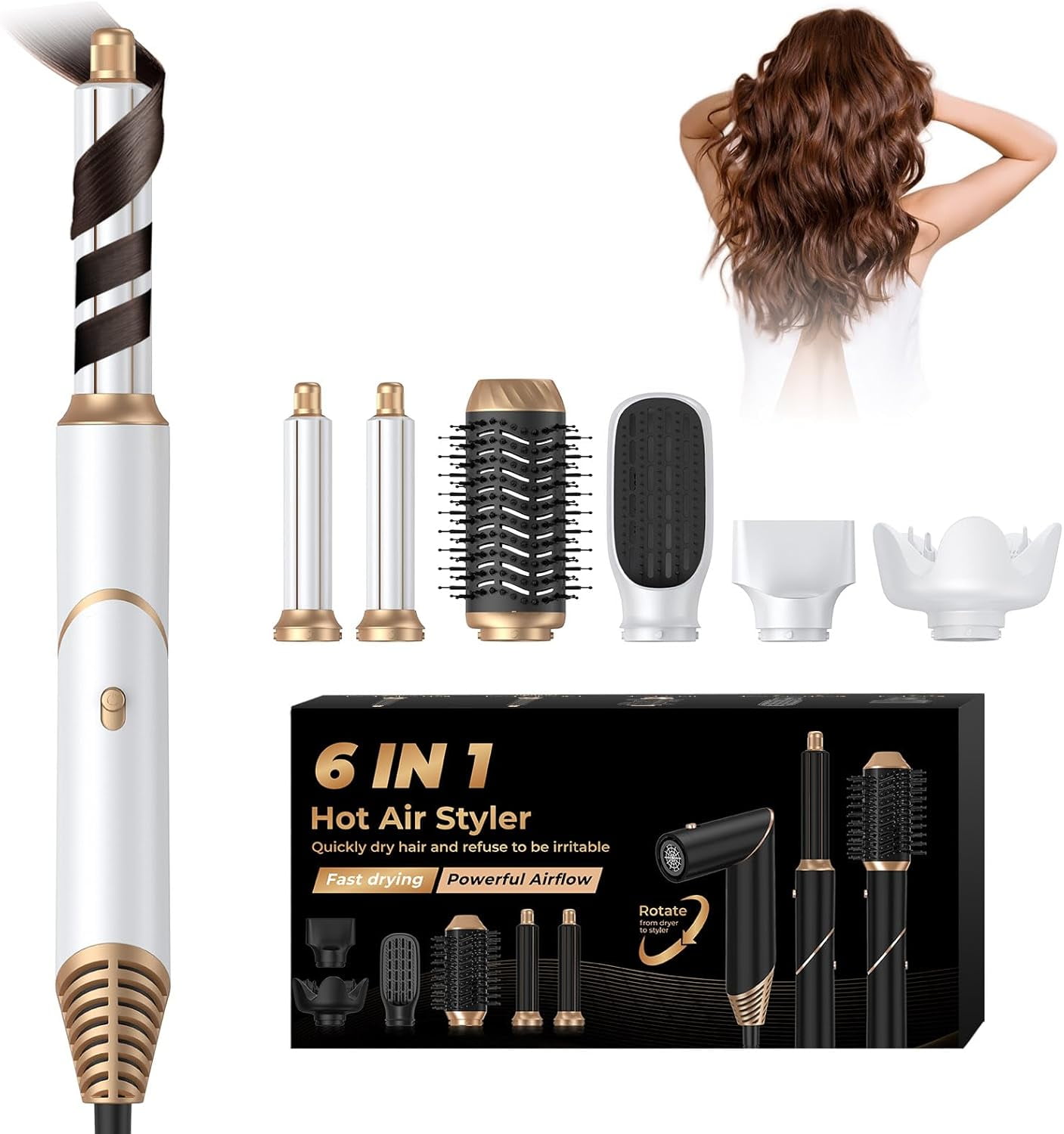 Foldable Blow Dryer Brush with Wrap Curler, 6 in 1 Hair Dryer Brush, Detachable Air Hair Styler Curling, Drying,Volumizing, Straightening, Negative Ionic Hair Dryer with Diffuser, Hair Styling Tools