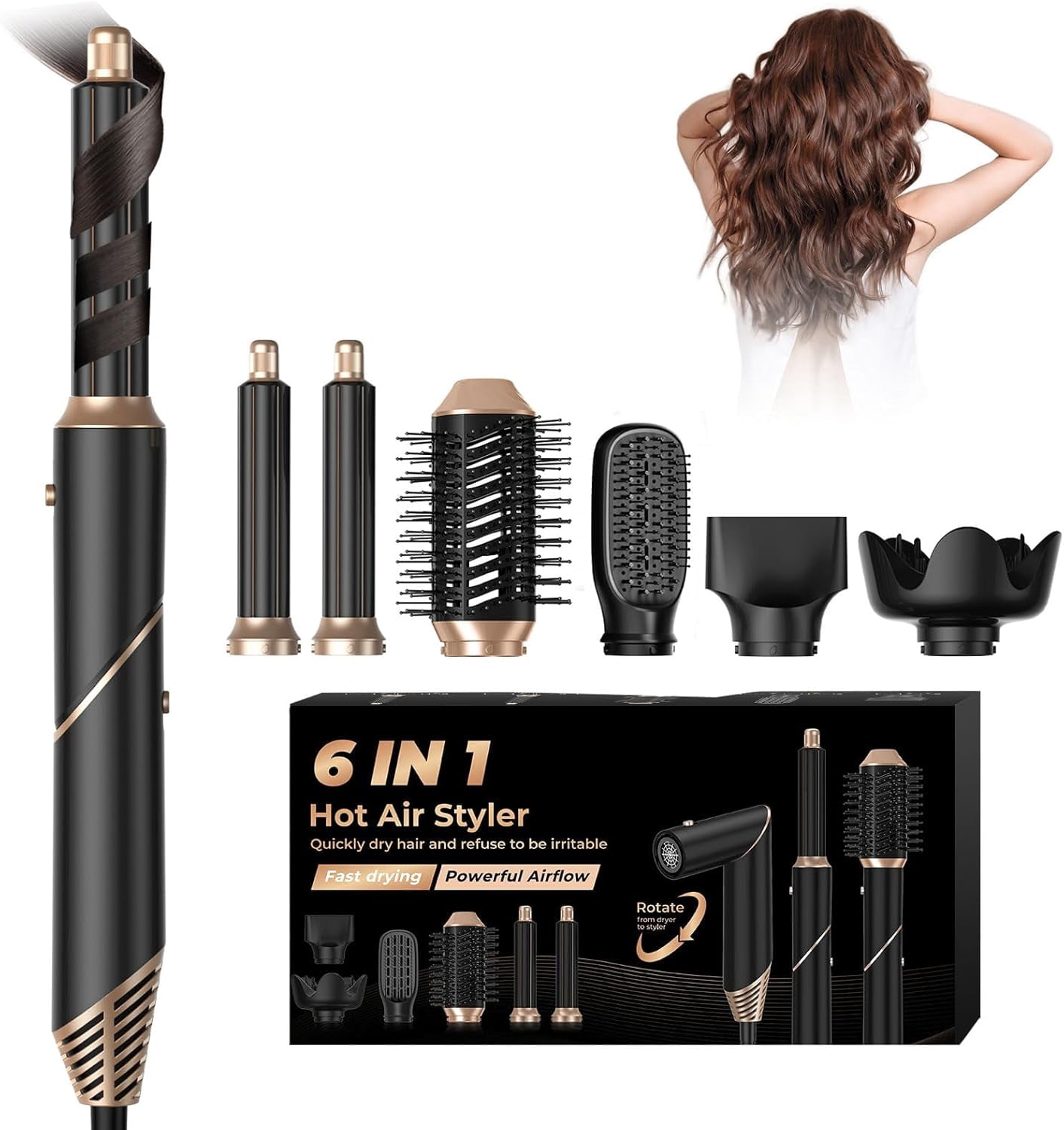 Foldable Blow Dryer Brush with Wrap Curler, 6 in 1 Hair Dryer Brush, Detachable Air Hair Styler Curling, Drying,Volumizing, Straightening, Negative Ionic Hair Dryer with Diffuser, Hair Styling Tools