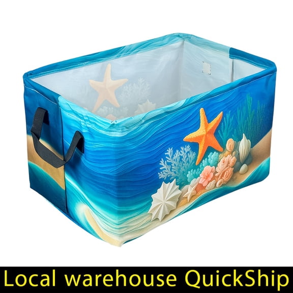 Foldable Blue Ocean World Marine Storage Basket with Starfish & Shell Print - Heavy-Duty Thickened Laundry Hamper, Turquoise Blue & Golden Beach Theme Bath Organizer with Sturdy Black Zippers