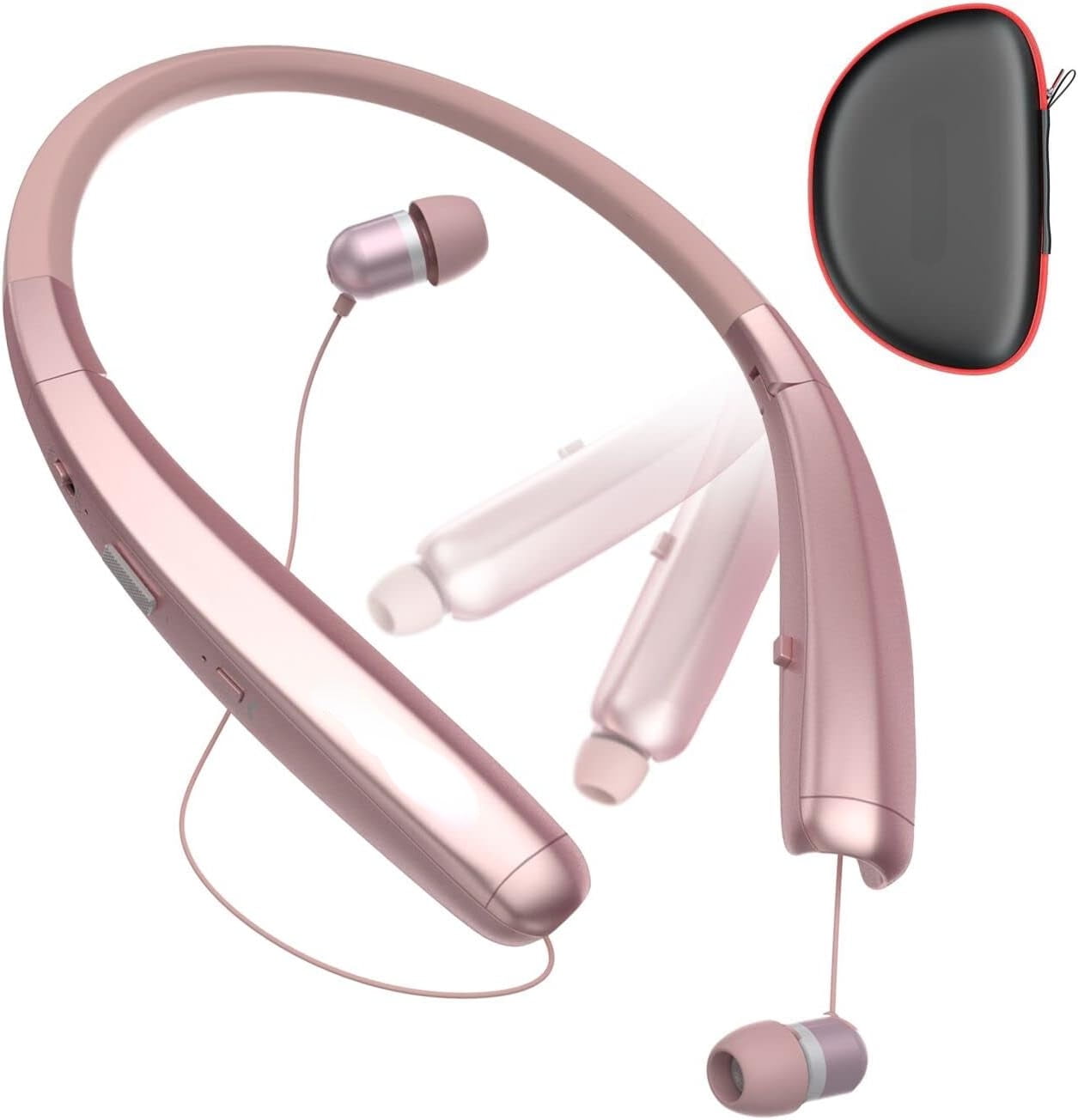 Foldable Bluetooth Headphones, Wireless Neckband Sports Headset with Retractable Earbuds, Sweatproof Noise Cancelling Stereo Earphones with Mic