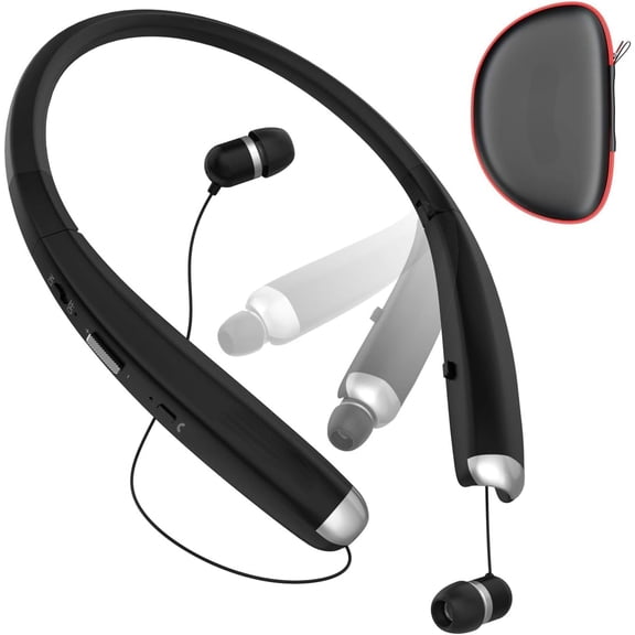Foldable Bluetooth Headphones, Wireless Neckband Sports Headset with Retractable Earbuds, Sweatproof Noise Cancelling Stereo Earphones with Mic