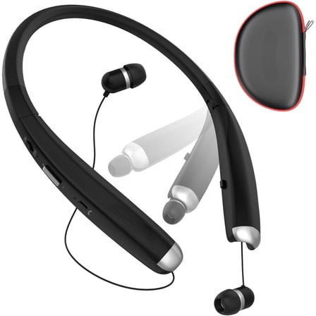 Foldable Bluetooth Headphones, Wireless Neckband Sports Headset with Retractable Earbuds, Sweatproof Noise Cancelling Stereo Earphones with Mic