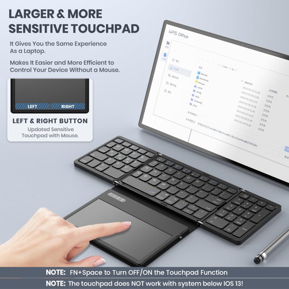 Foldable Bluetooth Keyboard, Portable Full Size Folding Keyboard with Large Touchpad, Numeric Keypad, PU Leather, Wireless TravelKeyboard for Windows Android Mac(Sync up to 3 Devices)