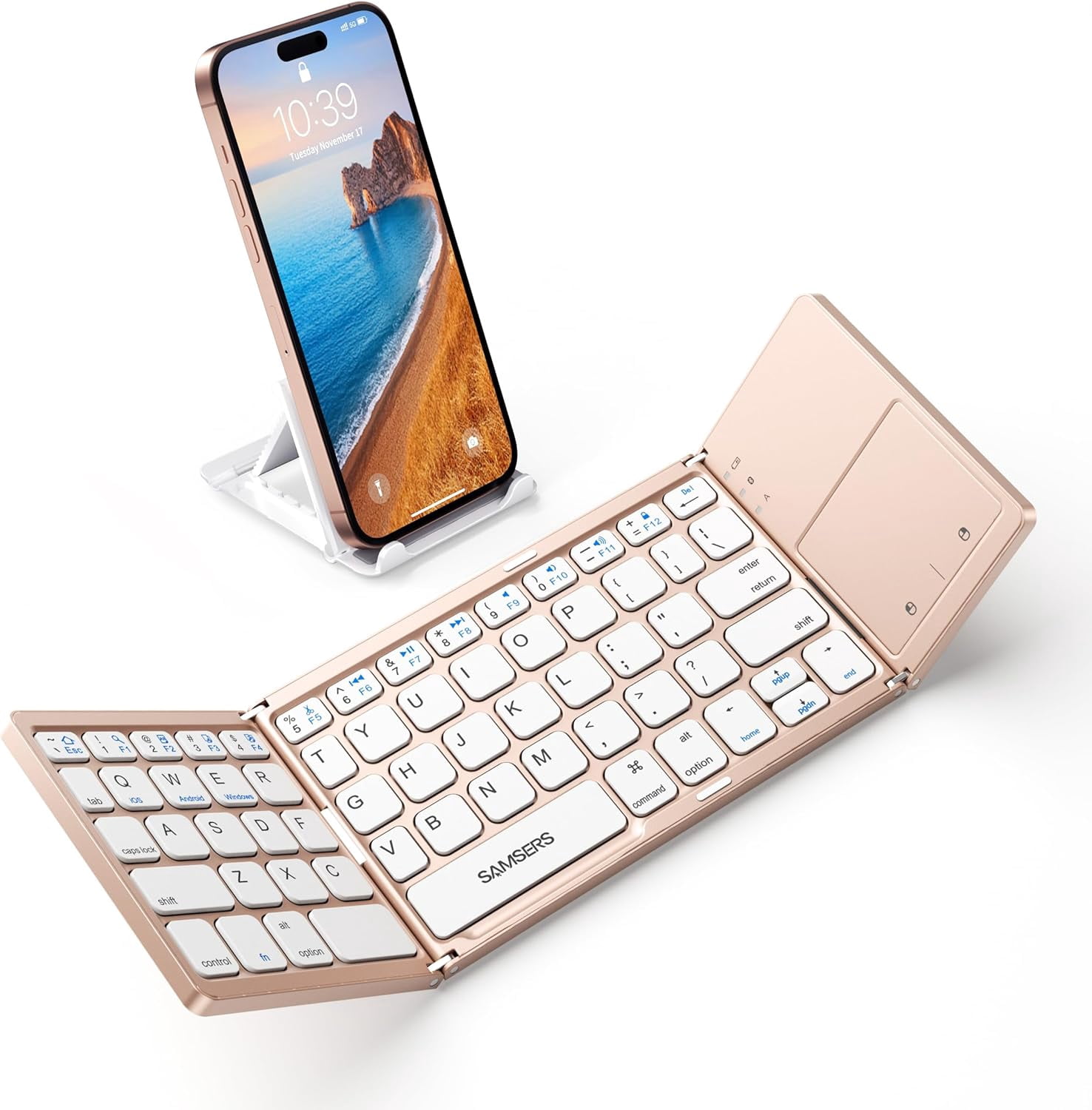 Foldable Bluetooth Keyboard with Touchpad - Portable Wireless Keyboard with Holder, Rechargeable Full Size Ultra Slim Pocket Folding Keyboards for Android Windows iOS Tablet & Laptop - Black