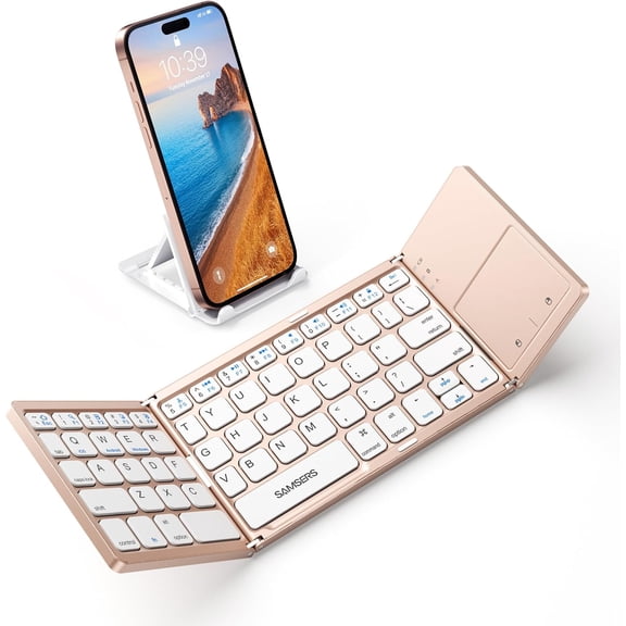 Foldable Bluetooth Keyboard with Touchpad - Portable Wireless Keyboard with Holder, Rechargeable Full Size Ultra Slim Pocket Folding Keyboards for Android Windows iOS Tablet & Laptop - Black