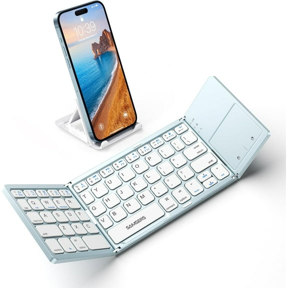 Foldable Bluetooth Keyboard with Touchpad - Portable Wireless Keyboard with Holder, Rechargeable Full Size Ultra Slim Pocket Folding Keyboards for Android Windows iOS Tablet & Laptop - Black