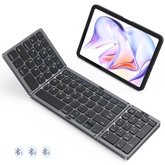 Foldable Bluetooth Keyboard, Wireless Portable Keyboard with Numeric Keypad, Rechargeable Pocket-Sized Travel Keyboards for Windows, iOS, Android Smartphone, Tablet, and Laptop, Support 3 Devices
