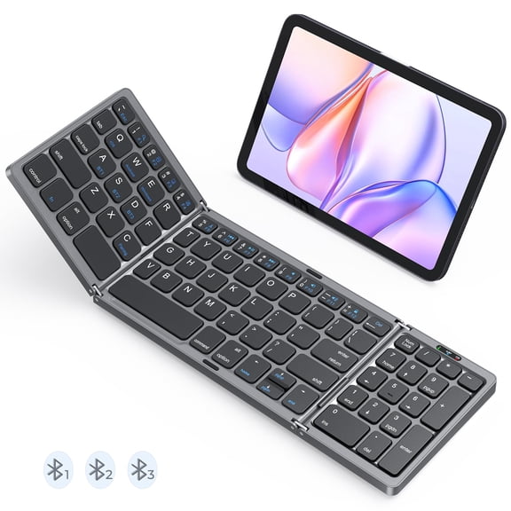 Foldable Bluetooth Keyboard, Wireless Portable Keyboard with Numeric Keypad, Rechargeable Pocket-Sized Travel Keyboards for Windows, iOS, Android Smartphone, Tablet, and Laptop, Support 3 Devices