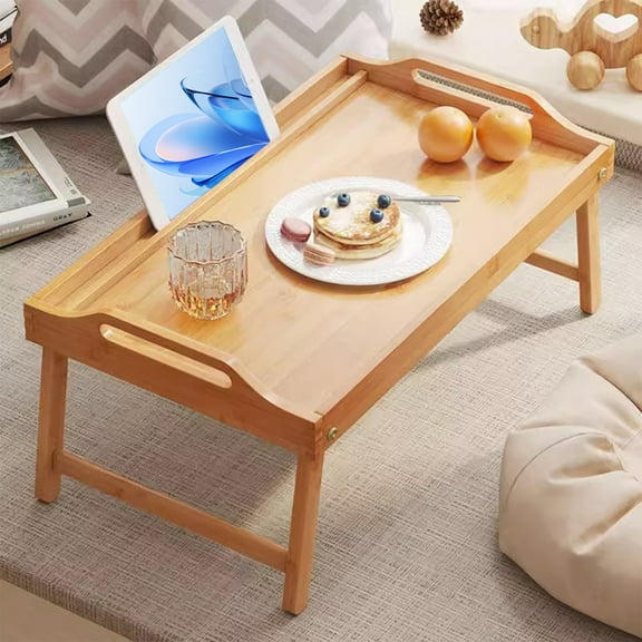 Foldable Breakfast Tray with Folding Legs & Handle | Multifunctional Snack Table for Dining, Sofa, Bed, or Work | Sturdy Wooden Design In Beige | 40X30X20Cm