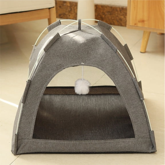 Foldable Breathable Pet Tent Bed with Hanging Pom Pom Toy, Dog Cat Tent House with Breathable Mesh, Four Seasons Pet Tent Shelter
