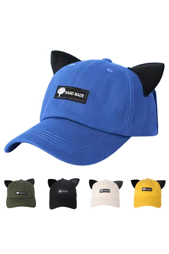 Foldable Brim Baseball Cap with Goggles for Men Women, Vintage Cat Ears Decor Washed Classic Sun Hat Cap with Glasses