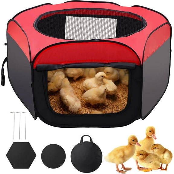 Foldable Brooder Box for Chick,Chick Fence Portable Dog Playpen Cage with Floor Mat, Large Dog Tent Oxford Fabric Cage Indoor/Outdoor, Red and Black