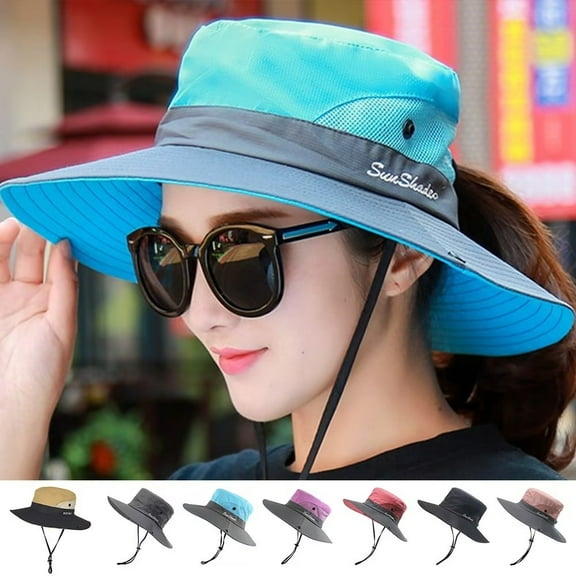 Foldable Buckle Hat for Women Sun Hat Outdoor UV Protection Wide Brim Ponytail Cap Packable Summer Beach Hat Adjustable Floppy Hat for Fishing Hiking Gardening [Pink]