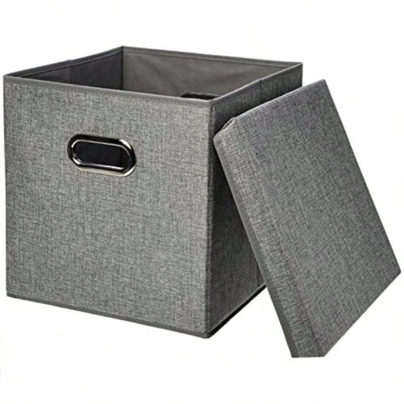 Foldable Burlap Cloth Cube Storage Bin with Lid Stackable and Sturdy Gray Set of 2