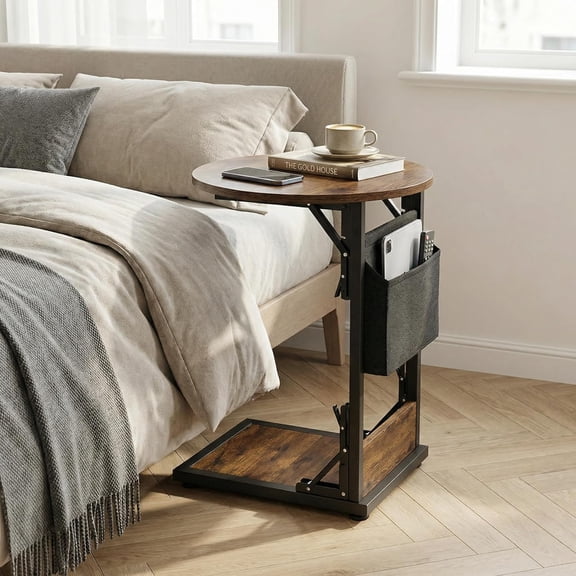 Foldable C Shaped End Table with Storage Pocket, Heavy-Duty Steel Frame Holds 33 lb, Rustic Brown/Black