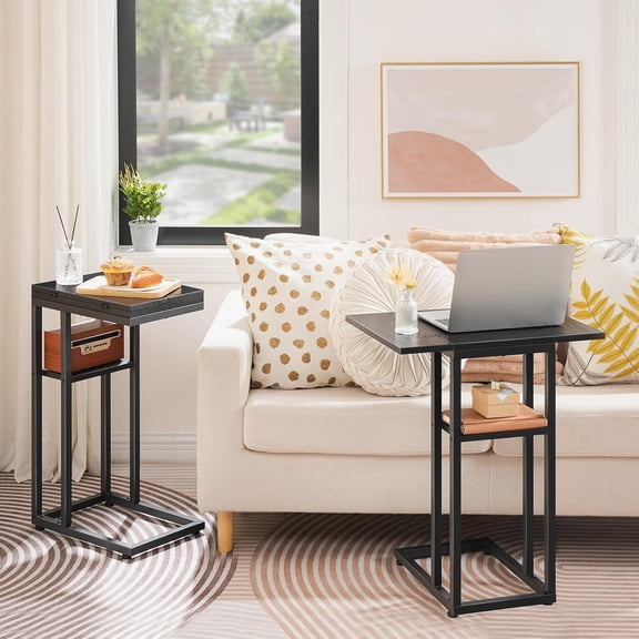 Foldable C Shaped End Table with Storage Shelf, Small Snack Side Table for Sofa Living Room Bedroom Easy Assembly Black