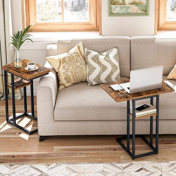 Foldable C Shaped End Table with Storage Shelf, Small Snack Side Table for Sofa Living Room Bedroom Easy Assembly Rustic Brown