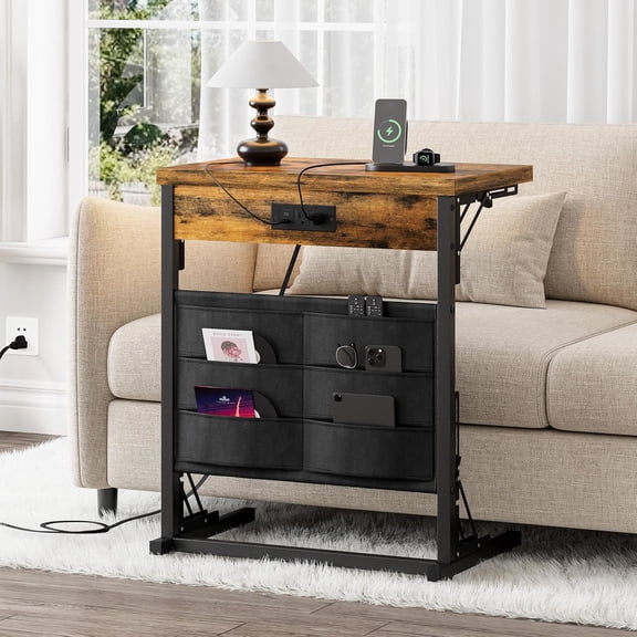 Foldable C-Shaped Table with Charging Station, Folding TV Tray End Table for Small Space, Portable Side Table for Couch, C Table with Storage Bag for Sofa Living Room, Bedroom Rustic Brown