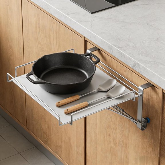 Foldable Cabinet Door Organizer Shelf & Countertop Extender - Metal Storage Rack with Hanging Design,Space-Saving Kitchen Hanging Shelf for Spices, Utensils & Pantry Items (Silver)
