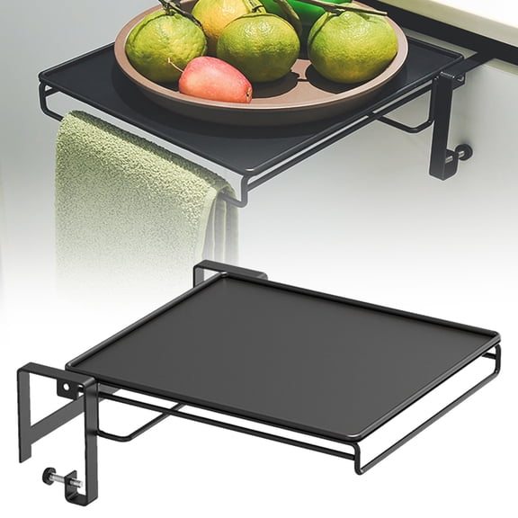 Foldable Cabinet Door Organizer Shelf & Countertop Extender - Metal Storage Rack with Hanging Design,Space-Saving Kitchen Hanging Shelf for Spices, Utensils & Pantry Items (Black)