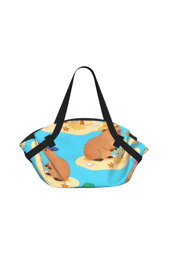 Foldable Camping Bag To Picnic Mat Thick Portable Shoulder Bag With 2 Snap Buttons For Beach Camping Park Capybaras Build Sand Forts
