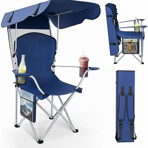 Foldable Camping Chair with Shade Canopy, Portable Outdoor Beach Chair with 2 Cup Holders & Storage Pocket, Durable 600D Oxford Fabric, Supports 265 lbs Navy
